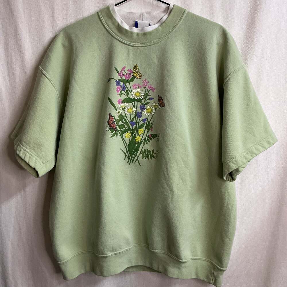 Vintage 90s  Floral  Butterfly Print Short Sleeve Mock Neck Sweatshirt Green XL